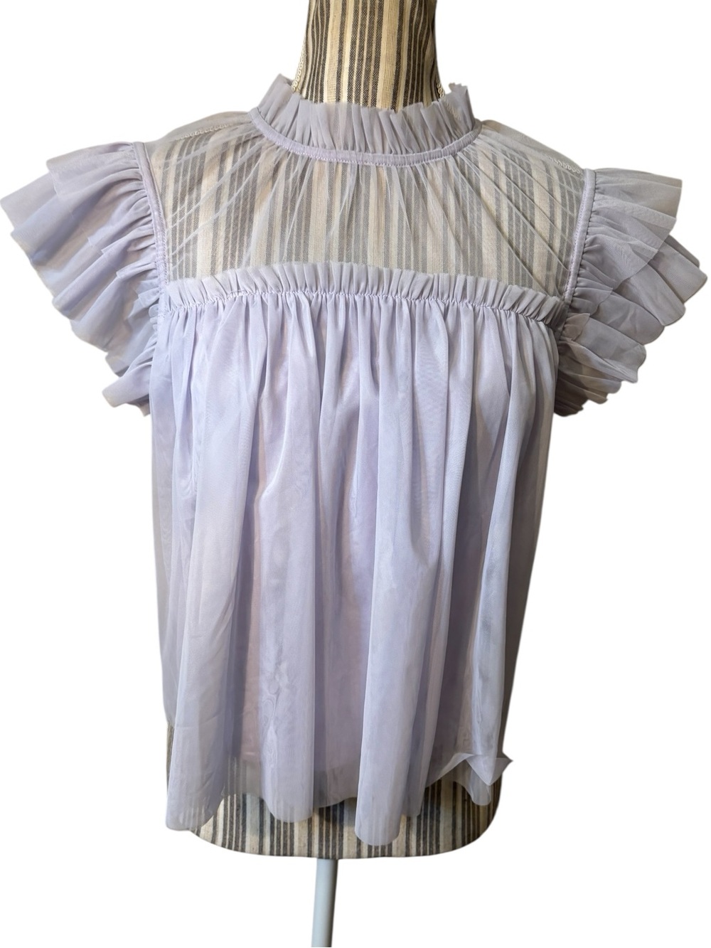 Joie Tulle Blouse Small Lilac Purple Ruffled Short Sleeve Sheer Yoke Lined New